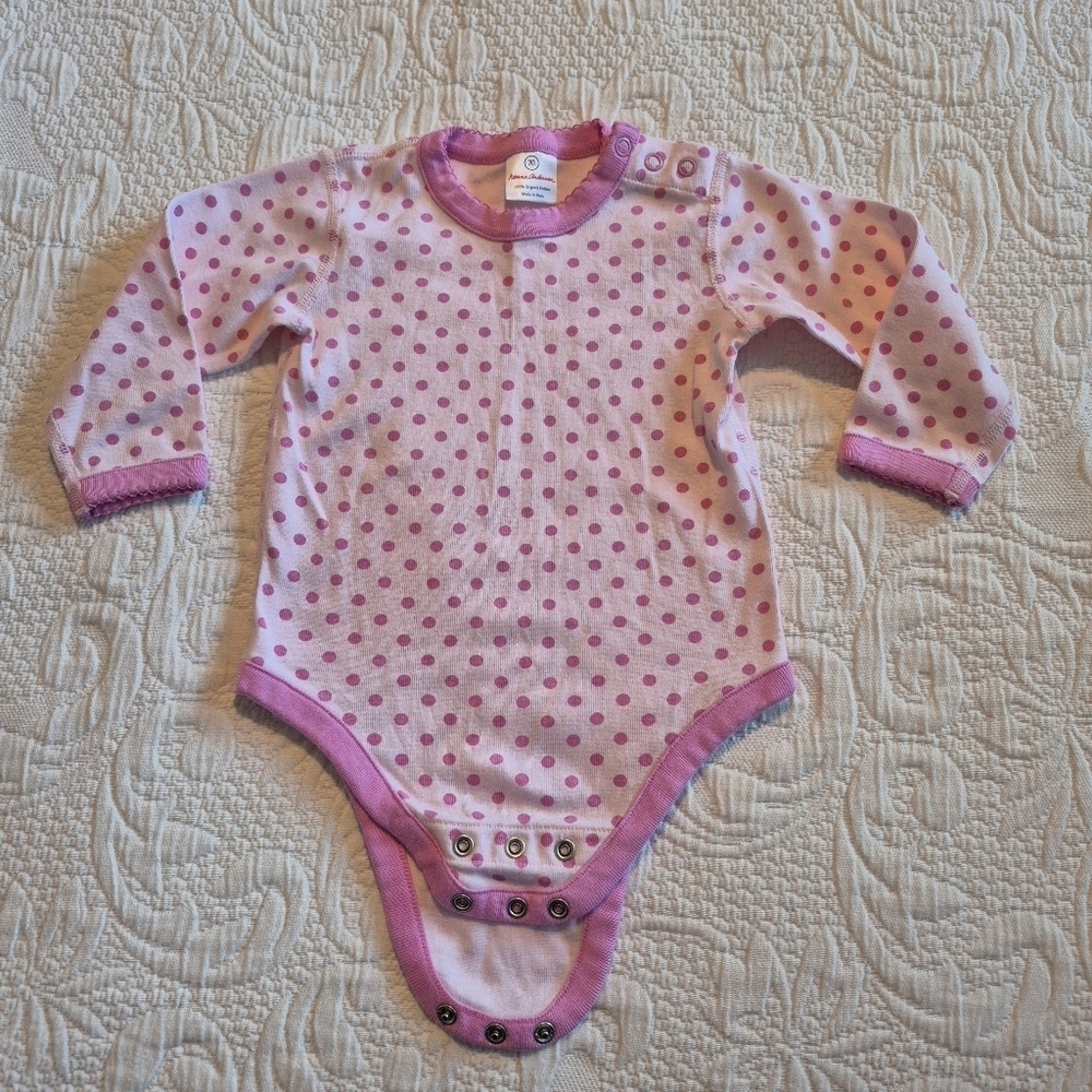 Hanna Andersson size 70 or 6-12 months pink polka dot bodysuit VGUC